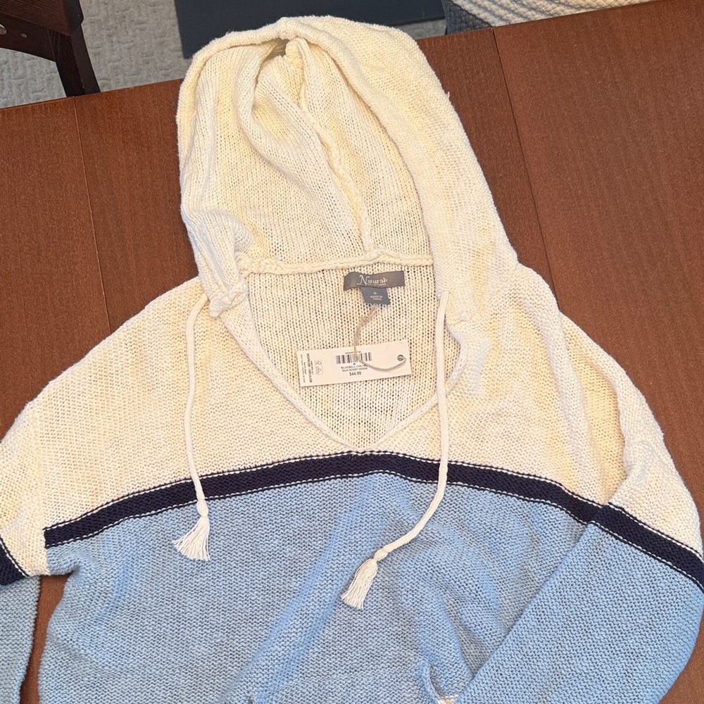 Natural Reflections V-Neck Sweater with Hood - Cream and Blue